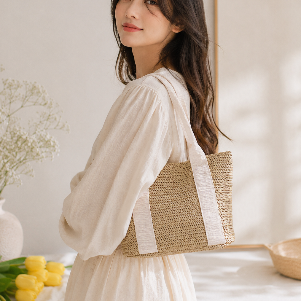 Woman in a white dress with a straw bag in a softly lit room.