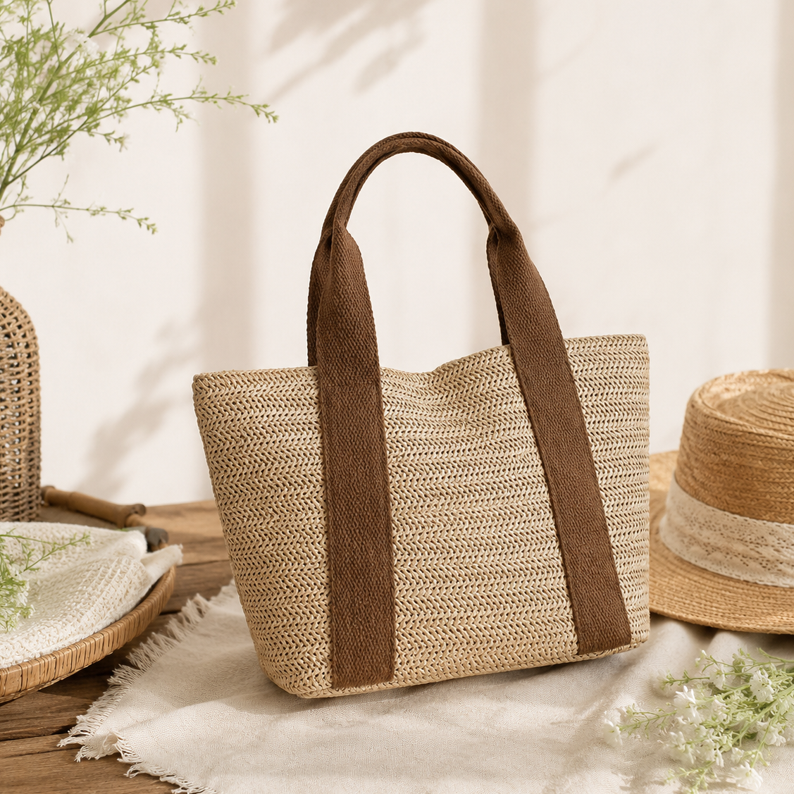 Woven handbag with brown accents on a wooden surface with decorative elements.