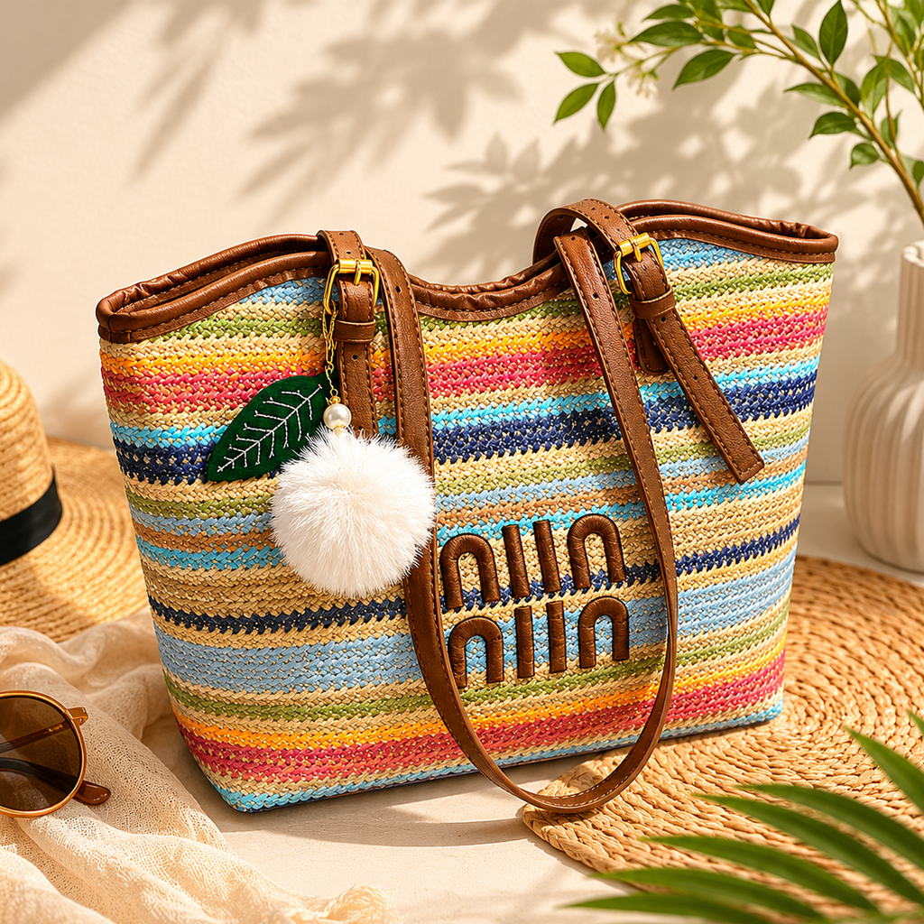 Colorful striped handbag with 'Umi' branding on a surface with a plant and hat in the background.