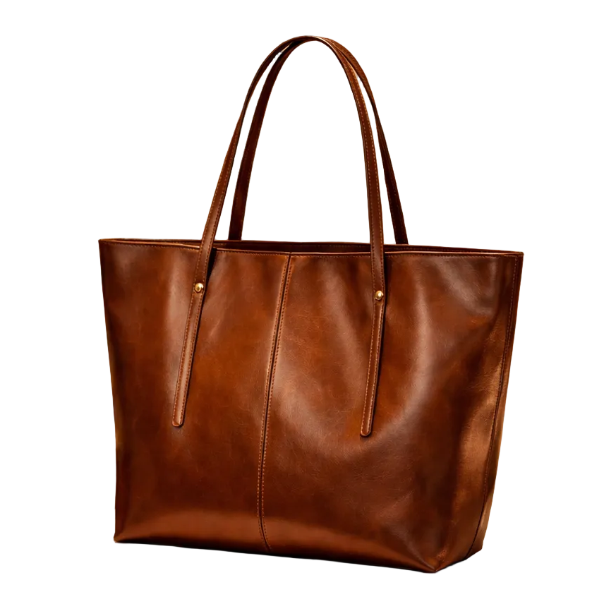 Brown leather tote bag on a display table with decorative items in the background