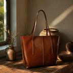 Brown leather tote bag on a wooden surface with a warm, natural light setting.