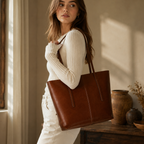 Woman holding a brown leather tote bag in a warm, sunlit room.