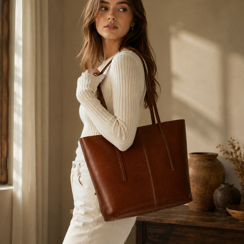 Woman holding a brown leather tote bag in a warm, sunlit room.