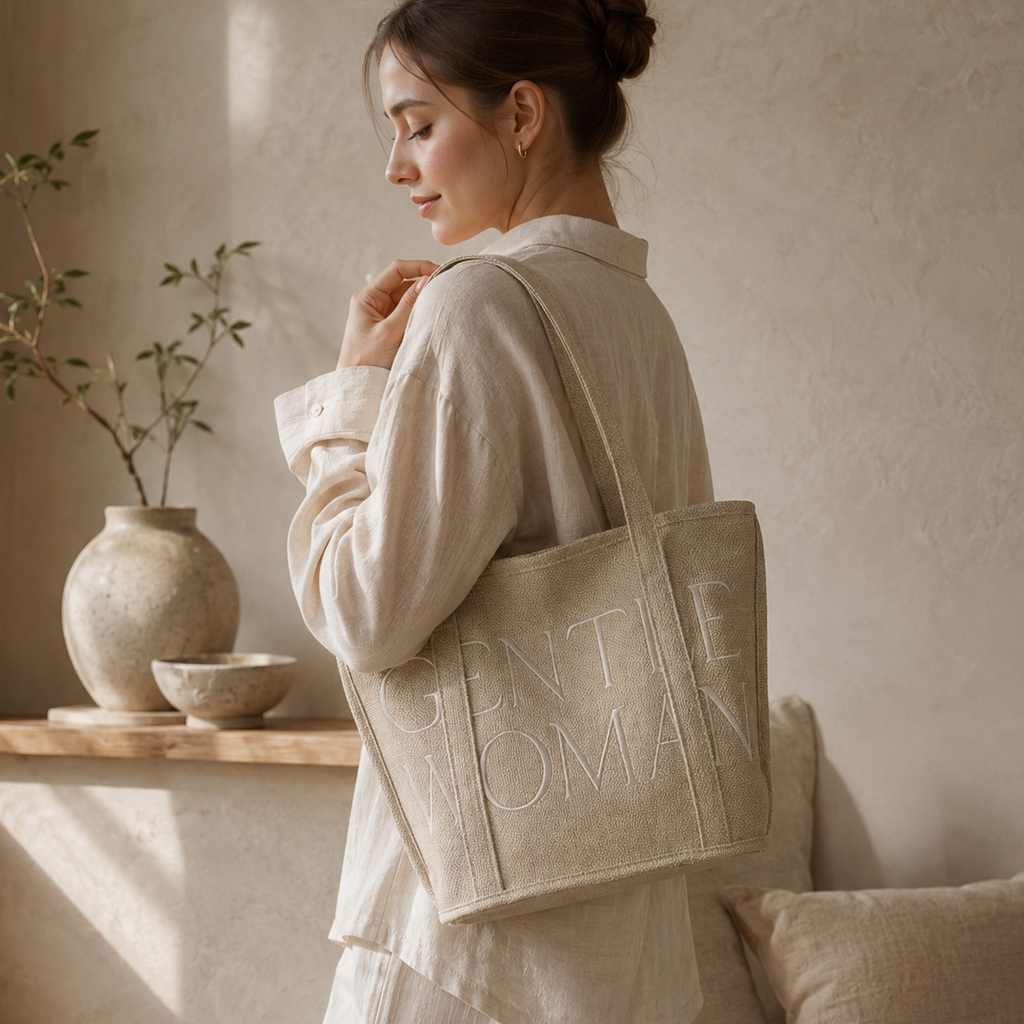Woman holding a beige tote bag with 'Canteen Roma' branding in a warm, indoor setting.