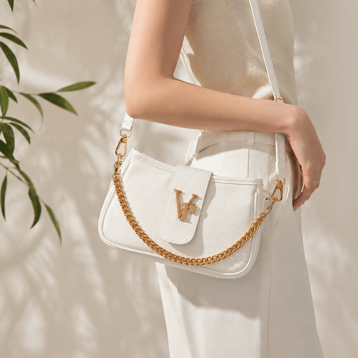White handbag with gold chain strap held by a person against a neutral background