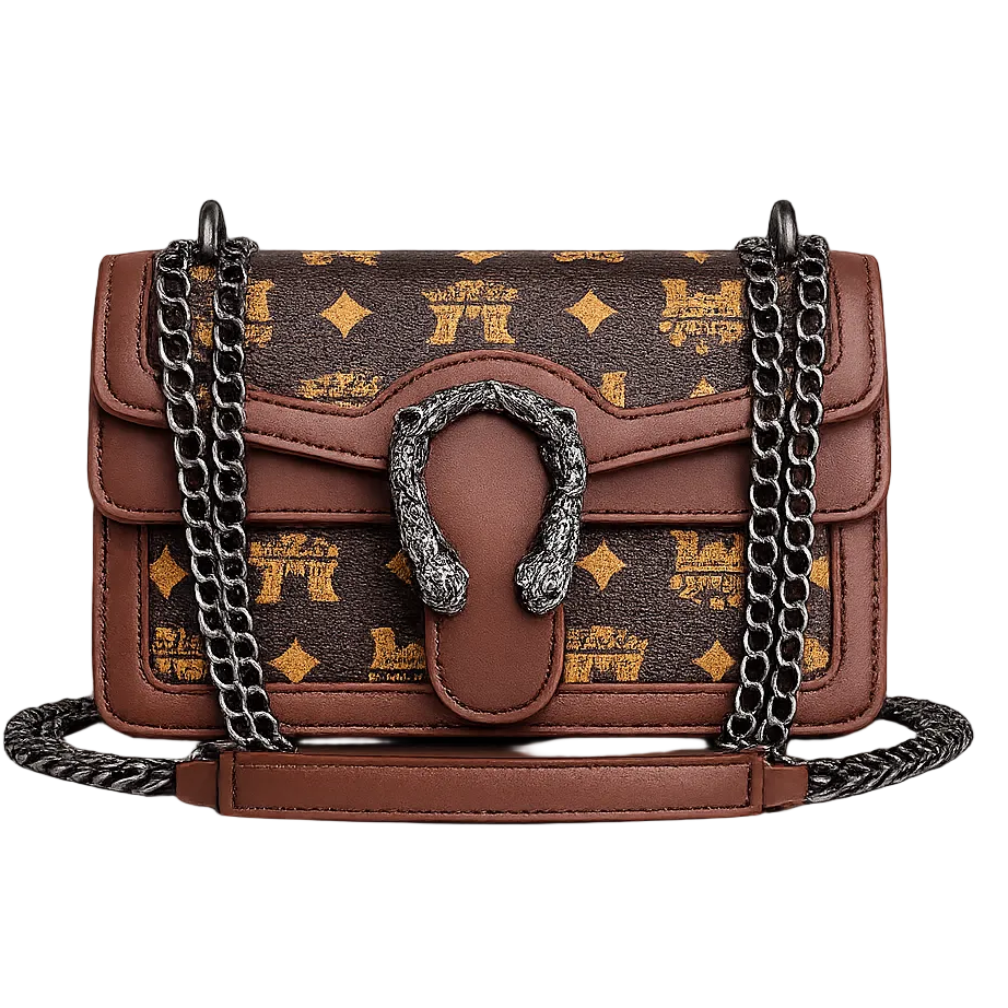 Brown handbag with chain strap and distinctive logo on a white background