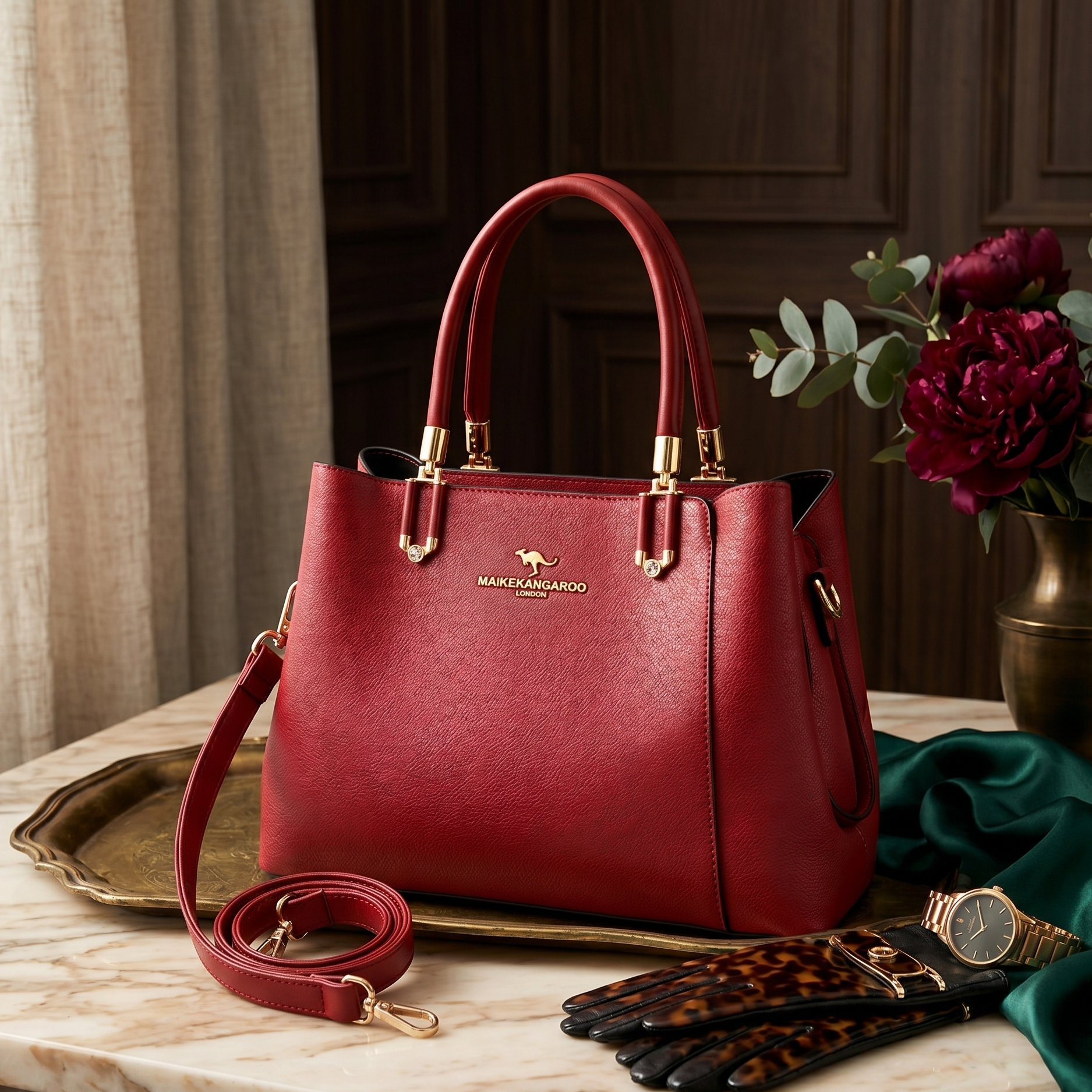 Red handbag with gold accents on a marble surface with gloves and a watch.