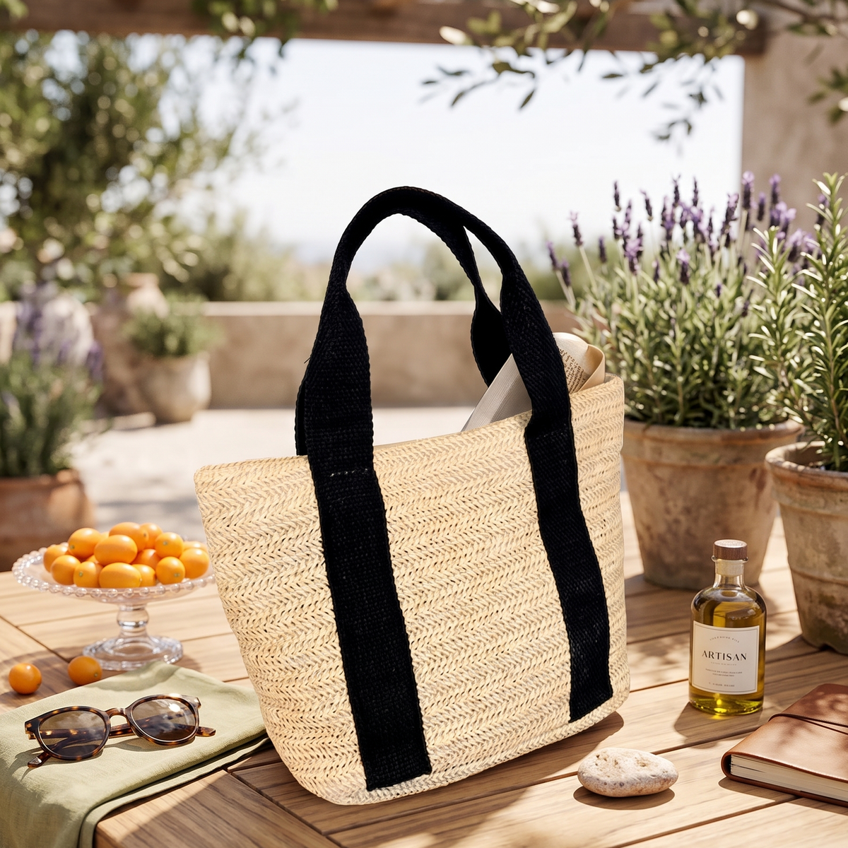 Woven bag with black straps on a wooden table outdoors