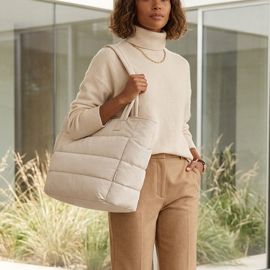Woman holding a white puffer bag in front of a modern building