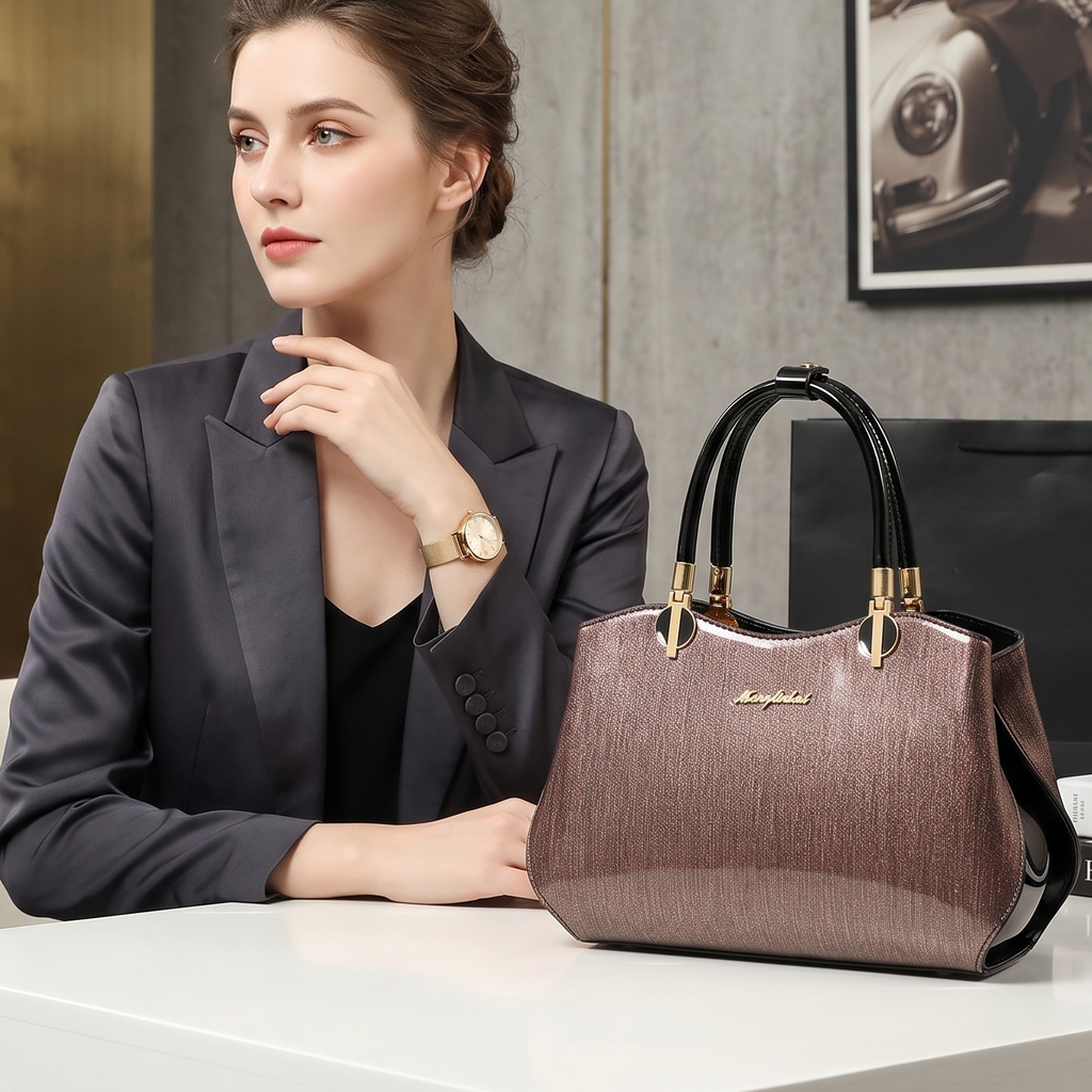 Woman sitting at a desk with a brown handbag in an office setting