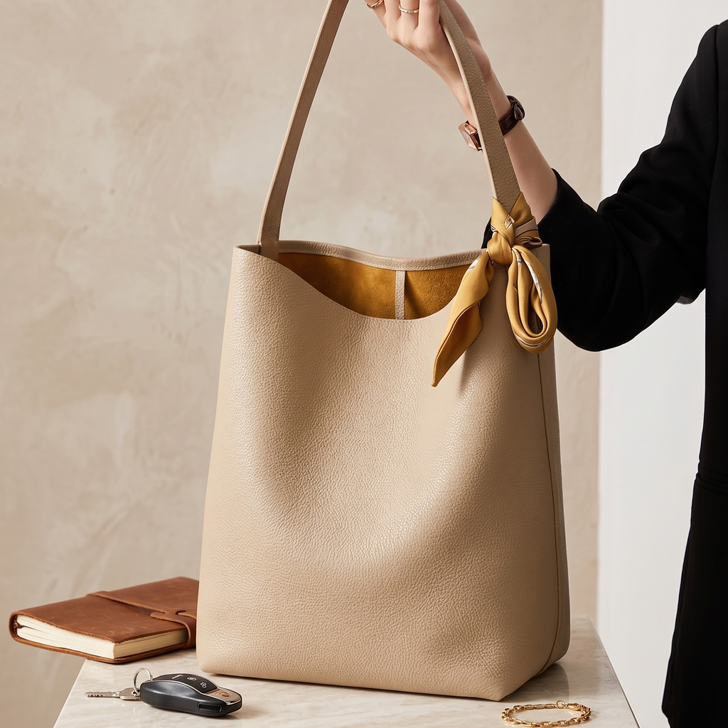 Beige handbag with gold accents held by a person, with a beige wall and marble surface in the background.