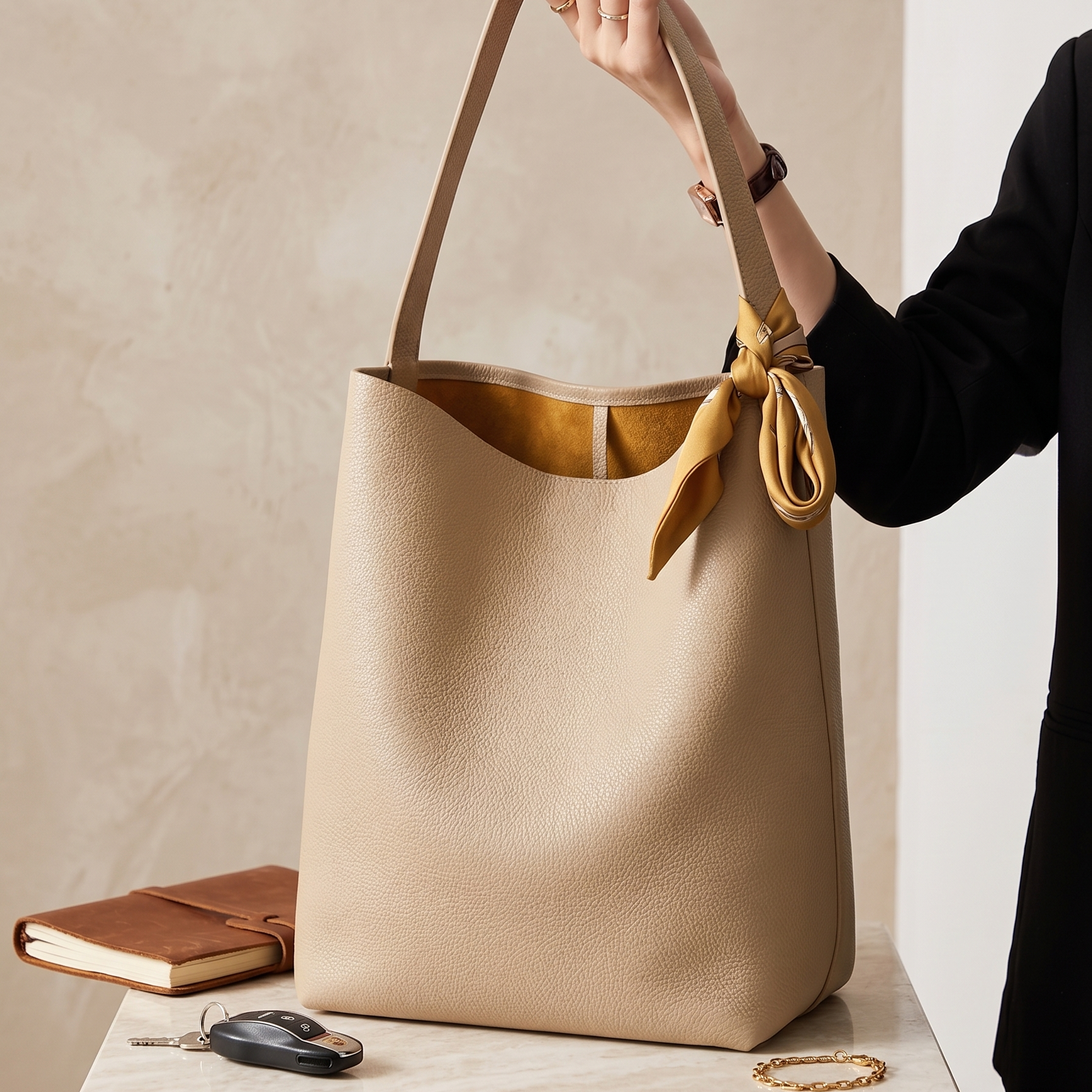 Beige handbag with gold accents held by a person, with a beige wall and marble surface in the background.
