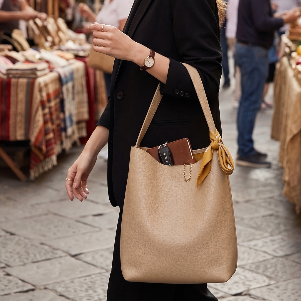 Woman walking through a market street holding a beige handbag