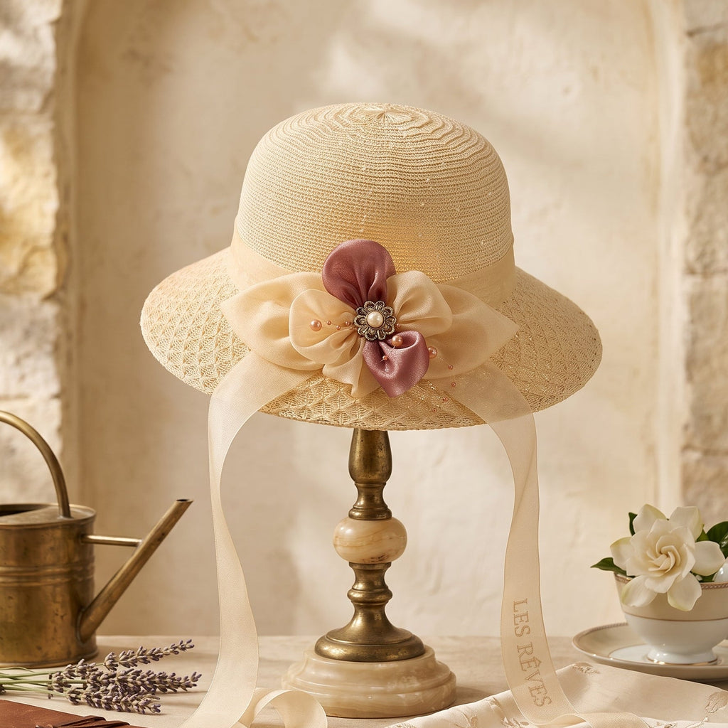 A cream-colored woven sun hat with a wide brim, decorated with a large cream and dusty pink fabric flower with a jeweled center, displayed on a vintage-style wooden stand. The scene is styled with a brass watering can, a brown leather journal, dried lavender, a white rose in a teacup, and a lace runner against a rustic stone wall background.