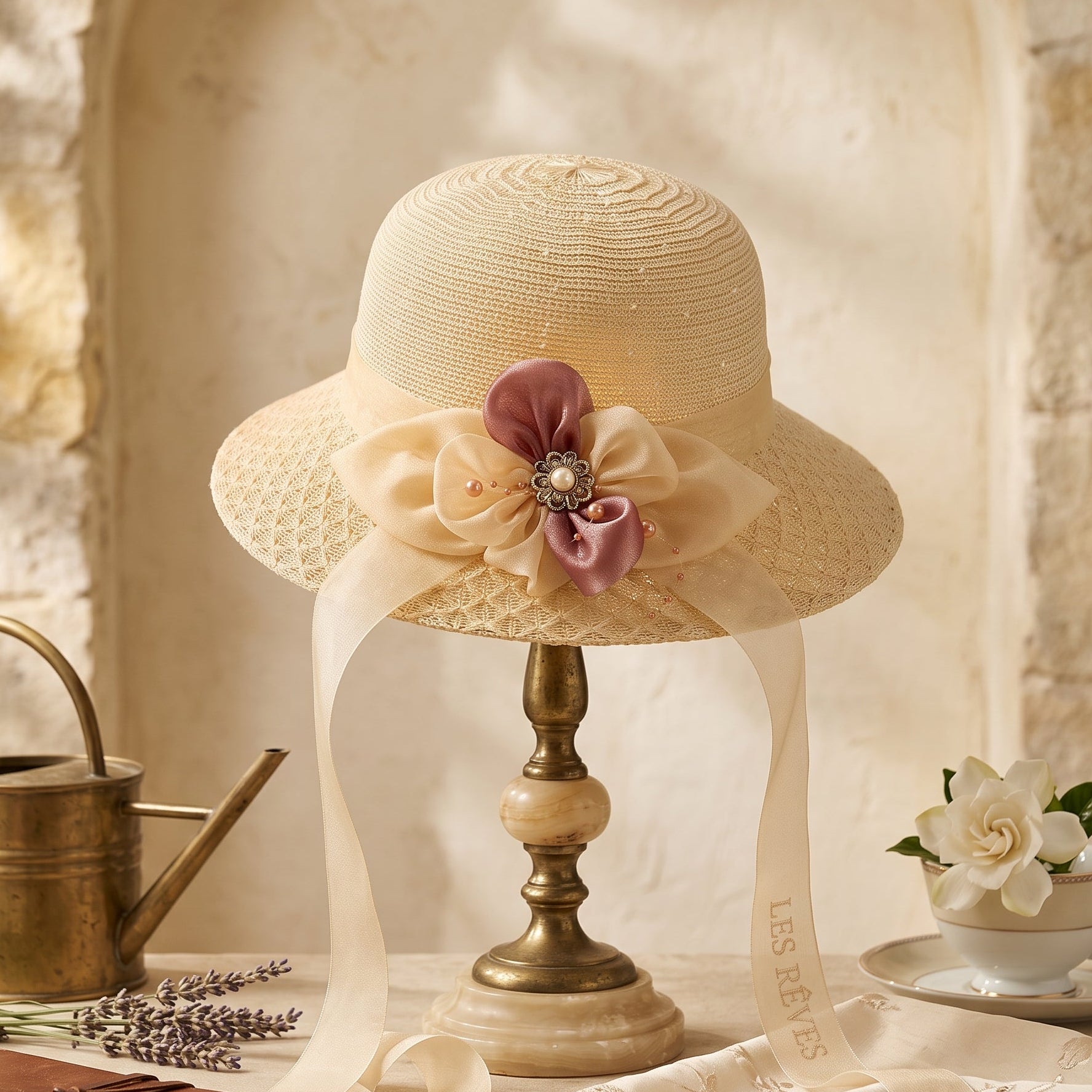 A cream-colored woven sun hat with a wide brim, decorated with a large cream and dusty pink fabric flower with a jeweled center, displayed on a vintage-style wooden stand. The scene is styled with a brass watering can, a brown leather journal, dried lavender, a white rose in a teacup, and a lace runner against a rustic stone wall background.