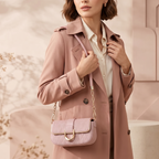 Woman in a pink coat holding a matching handbag against a soft, neutral background