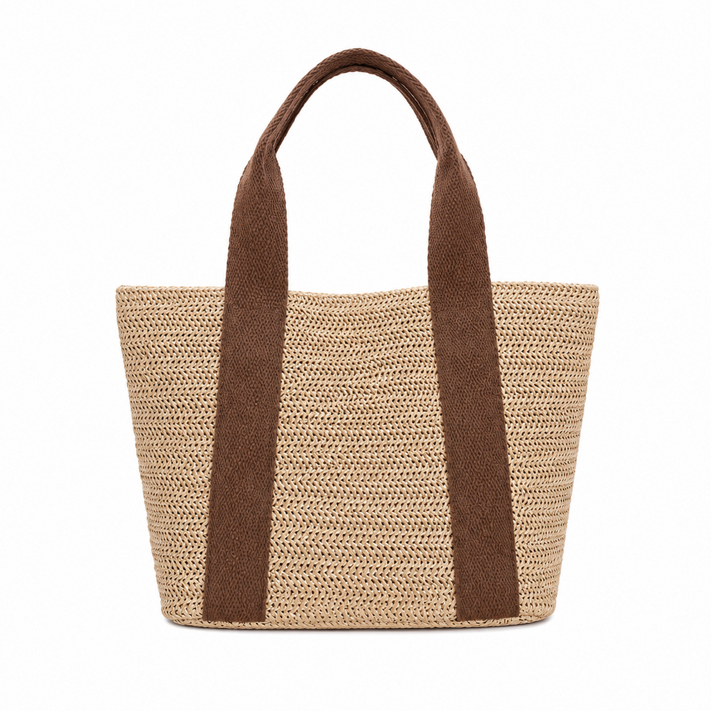 Woven tote bag with brown handles on a white background