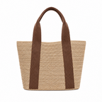 Woven tote bag with brown handles on a white background