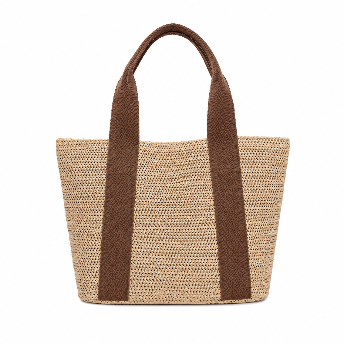 Woven tote bag with brown handles on a white background