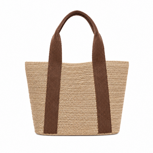 Woven tote bag with brown handles on a white background
